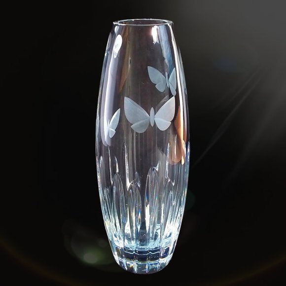Waterford Crystal Butterfly Bud Vase Etched Signed 8in Original Sticker Slovenia - Picture 6 of 11